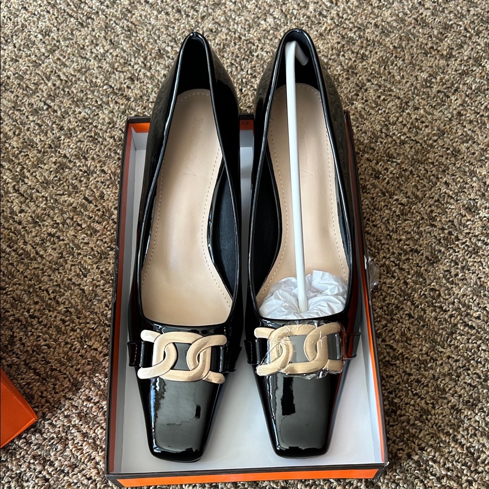 Elegant Black Patent Leather Women's Shoes with gold buckle design